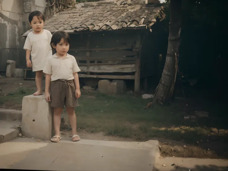 Baby 3 old male in the left , kids female 4 old in the right, standing on the wall village, ultra detail face, ultra detail eye, cinematic lighting, 8k