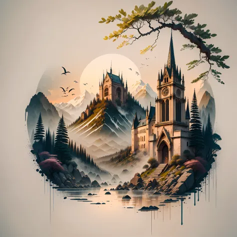 ((master piece)), best quality, (8k, best quality, masterpiece:1.2), ultra-detailed, a 13th century gothic cathedral on a mountain overlooking a village and a lake,