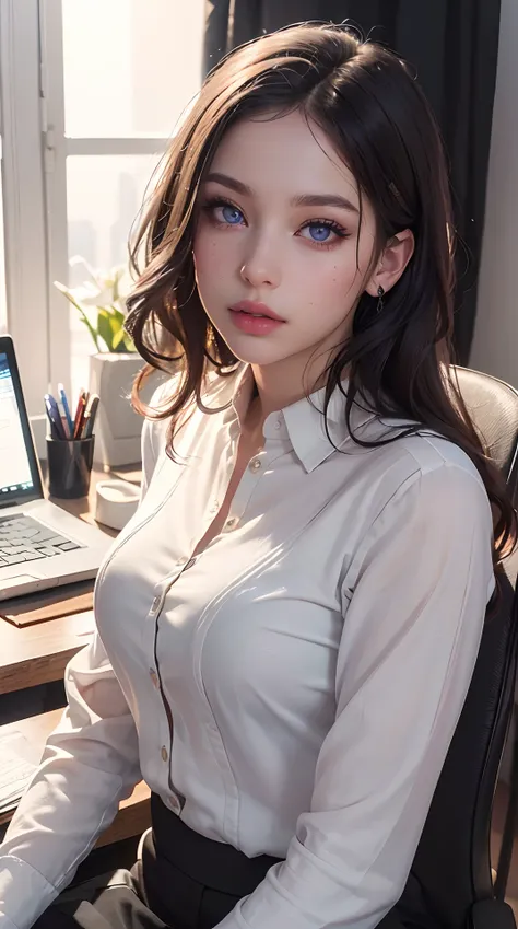 (best quality,4k,8k,highres,masterpiece:1.2), ultra-detailed, (realistic,photorealistic,photo-realistic:1.37), (beautiful detailed eyes, beautiful detailed lips, long eyelashes), studio lighting,physically-based rendering,vivid colors, (Violet eyes, office...