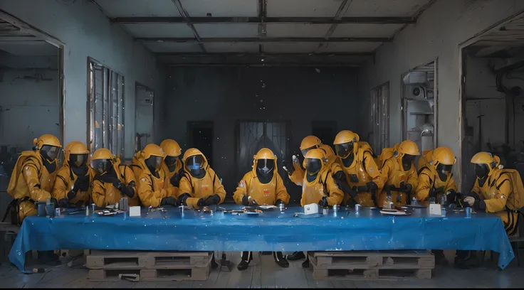 There were a lot of people wearing yellow chemical protective suits sitting at a table。called the last supper, sergey zabelin, Figures in chemical protective suits sit around the table, Andreas Frank, hazmat suits, author：Alison Geisler, aliens in the last...