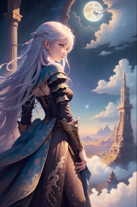 ((Need)), ((tmasterpiece)), (A detailed),  Inhabit the clouds, (fantasy illustrations:1.3), Mysterious Sky, (Luis Royo:1.2), (Yoshitaka Amano:1.1), Moon Night, pastelcolor, (Detailed cloud view:1.3), (A high resolution:1.2)tmasterpiece，Need，monument valley...