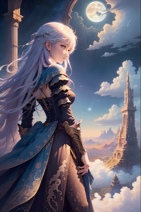 ((Need)), ((tmasterpiece)), (A detailed),  Inhabit the clouds, (fantasy illustrations:1.3), Mysterious Sky, (Luis Royo:1.2), (Yoshitaka Amano:1.1), Moon Night, pastelcolor, (Detailed cloud view:1.3), (A high resolution:1.2)tmasterpiece，Need，monument valley...