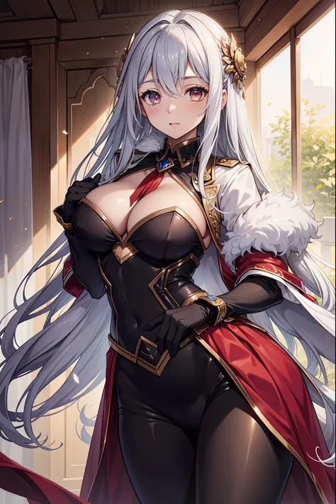 （Masterpiece, side-lighting, fine detailed beautiful eyes: 1.2)， luscious skin，（（Solo）），（Scarlet eyes），Hanging eye corners，（highdetailskin），（perfect bodies），A beautyful girl，little breast，（（A fantasy jacket uniform that covers the chest）），（Satin collar），（S...