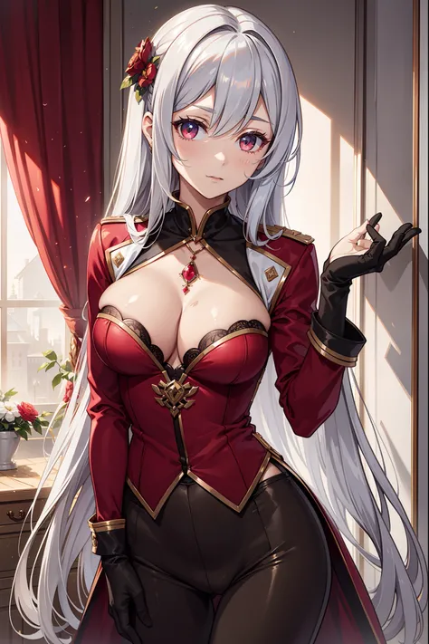 （Masterpiece, side-lighting, fine detailed beautiful eyes: 1.2)， luscious skin，（（Solo）），（Scarlet eyes），Hanging eye corners，（highdetailskin），（perfect bodies），A beautyful girl，little breast，（（A fantasy jacket uniform that covers the chest）），（Satin collar），（S...