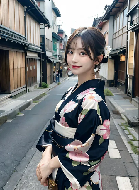 masutepiece, Best Quality, Illustration, Ultra-detailed, finely detail, hight resolution, 8K Wallpaper, Perfect dynamic composition, Beautiful detailed eyes, Medium Hair, Natural Color Lip, Random Poses,Smile, Kyoto Street Walk、20 years girl, Beautuful Wom...