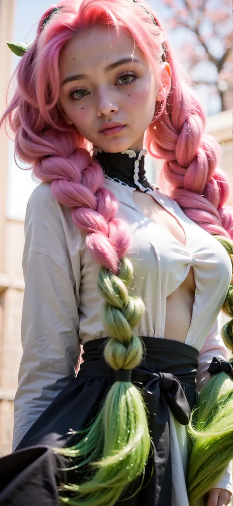 there is a woman with pink hair and green hair posing, colorful pigtail, long bubblegum hair, pink white and green, draped in fleshy green and pink, loish and wlop, anime cosplay, pink twintail hair and cyan eyes, 2b, 2 b, anime girl cosplay, long pigtail,...