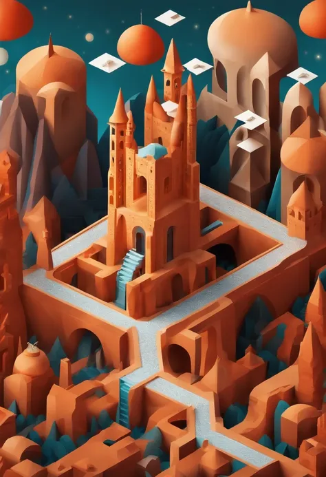 Monument Valley，Optical illusions，Cubism，Yayoi Kusama，Eschers Relativity，Isometric view,dramatic light