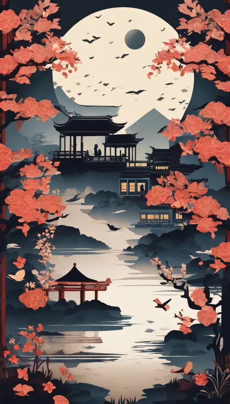 Three-dimensional paper cutting，3D，Festive lanterns, Family reunion, themoon, Moon viewing, Impressionism, Warm light, Festive lights, Colorful light，Poster art，mid-autumn festival，Chinese landscape painting