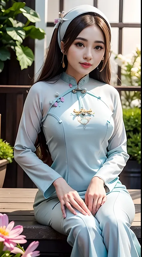 RAW, Best quality, high resolution, Masterpiece: 1.3), Beautiful Malay woman in hijab, Masterpiece, Perfect slim body, ((Big breasts)), Beautiful big eyes, watery eyes, Soft smile,wearing (Ao Dai:1.5)、(rot),soft smiling、Black eyes,Exquisiteface、perfectly p...