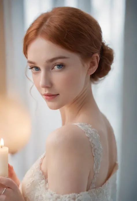 Masterpiece, ultra quality, ultra detail, young thin girl, fair skin , short ginger hair, European face, soft features, candle light, blue eyes, full body, small breasts, soft butt, standing, white dress