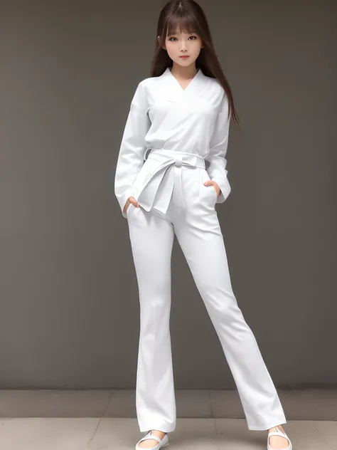 (Photorealsitic)(sixteen years old), Perfectly beautiful woman, (Full body 8K portrait), Large and dynamic hand and foot movements, White Karate Uniform, White karate pants, Large bust,Stand alone, Bring your fist forward, Large and dynamic hand and foot m...