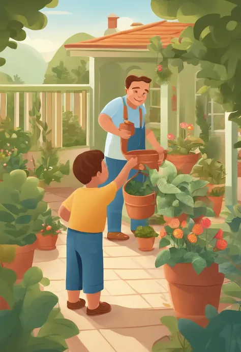 There is a middle-aged man and a little girl watering plants, childrens book illustration, childrens book illustration, childrens book illustration, commercial illustration, childrens book illustration, flat illustration, detailed 2D illustration, 2D illus...