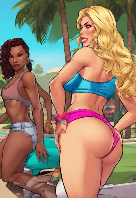 A hot blonde Milf shows off her sexy ass to some black butch lesbians at the park, (big ass), realistic, sexy, nsfw