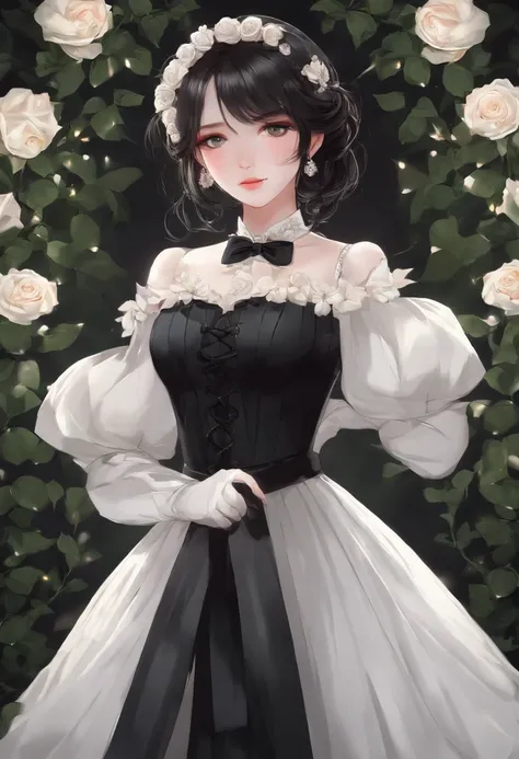 ((masterpiece, best quality)),best aesthetic,1girl, solo, long hair, black dress, flower, ribbon, black background, black hair, rose, hair ribbon, green eyes, long sleeves, white rose, closed mouth, black ribbon, upper body, cinematic lighting