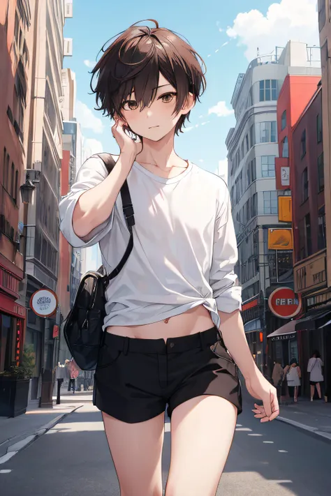 1boy, sexy, short hair, brown eyes, white shirt, black shorts, city, high res, ultrasharp, 8k, masterpiece, looking at viewer