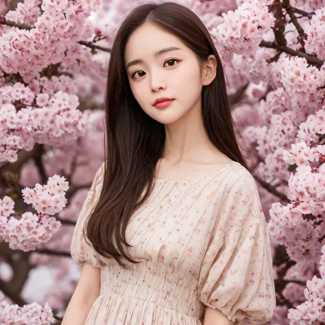 Korean, teenager, large eyes, girl, brown hair, cute, white skin, slender and small face, slight smile, highly details, best Quality, big eyes, same makeup for both eyes, the background of cherry blossoms falling, very glossy and shiny skin, Looking at the...