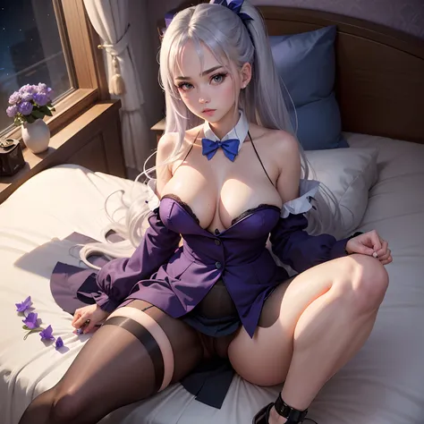 Best Quality, masutepiece,, Illustration, Wallpaper,1girl in, Solo, White bra, Bright purple-silver hair, Semi-long hair, Beautiful detailed girl, extremely detailed eye and face, Beautiful detailed eyes, Shy, natural_Lighting, Glow,NSFW, Clean sky, Lookin...