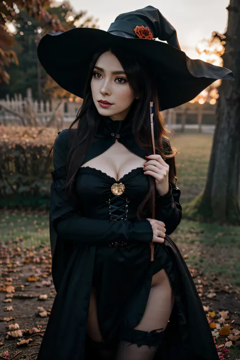 A woman in a black dress and hat is taking a picture, classical witch, in a halloween style, Lovely dark autumn princess, Ayaka Cosplay, amouranth, witch fairytale, Witch Girl, elegant glamourous cosplay, sun yunjoo, cosplay foto, captured on canon eos r 6...