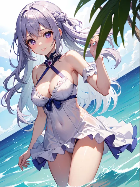 ((4K, ​master piece, Best Quality)), 1girl in, Silver medium hair, Light purple eyes, Cute, blush, medium breasts⁩, swimsuit, summer smile