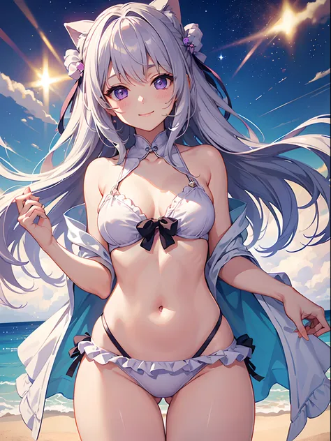 ((4K, ​master piece, Best Quality)), 1girl in, Silver medium hair, Light purple eyes, Cute, blush, medium breasts⁩, swimsuit, summer smile