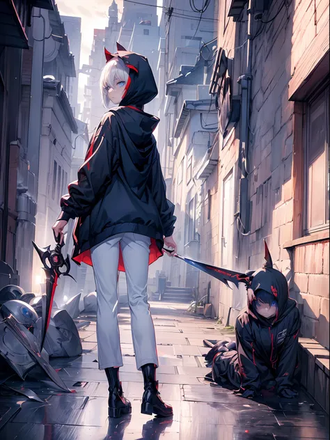 ((4K works))、​masterpiece、(top-quality)、One Beautiful Girl、One Evil Man、Slim body、tall、((Black Y-shirt and white pants、Charming street style))、Please wear one jacket、Wearing a hood to hide his face、(Detailed beautiful eyes)、Midnight Combat、In battle with d...