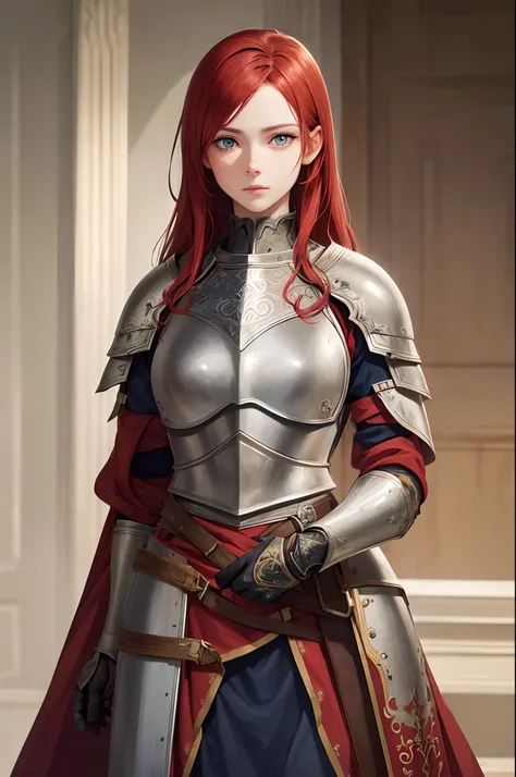 masterpiece, (realistic), highres, highly detailed, intricate, beautiful woman, red hair, blue eyes, freckles, detailed face, knight, armor