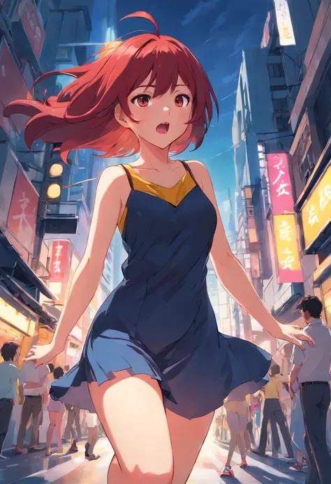 girl, red hair, yellow dress, blue panties, hands up, black dress, pink panties, brown hair, transparent panties, upskirt, from below, angry eyes, open mouth, look at camera, in street