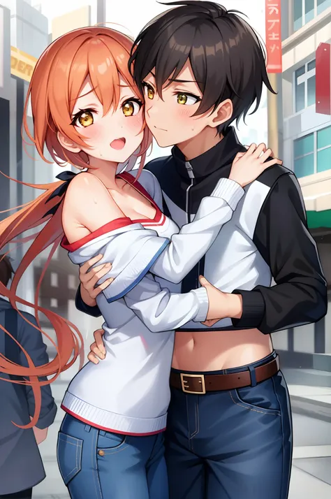 ((girl hug her boyfriend)),1boy,1girl, clothed male,hoshizora rin, best quality,(beauty), 1girl,phisically-based render ,ultra h...