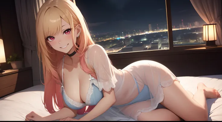 masutepiece, 1womanl, (((Solo))), of the highest quality, Hi-Res, 4K, cleavage, ((Sheer nightgown)), medium breasts, Red Eyes, a blond ,  Full body,  earrings、ssmile