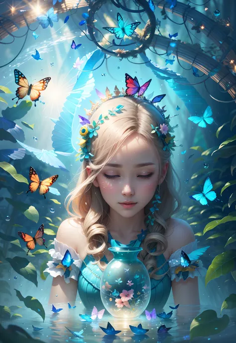 light crystal blue, high quality, highly detailed, 8K Ultra HD, butterfly made of water spray, In this enchanting artwork, the very essence of water transforms into ethereal butterflies, each droplet gracefully adorning the wings of a butterfly in flight, ...