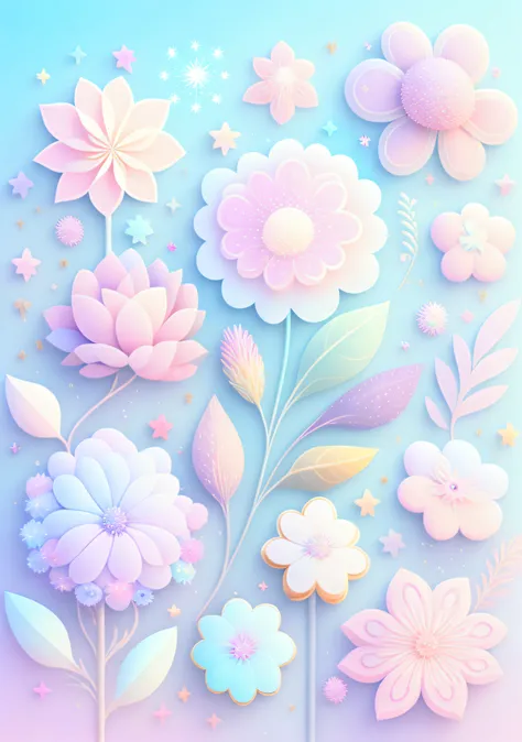 "Various flowers, cartoon illustration, sky in a gradient of pastel colors with twinkling stars. Immerse yourself in a mystical world full of magical elements (weighted at 0.9)."