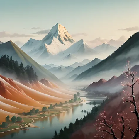 Chinese Brush Painting: A serene landscape with mountains and a flowing river.

--ar 16:9