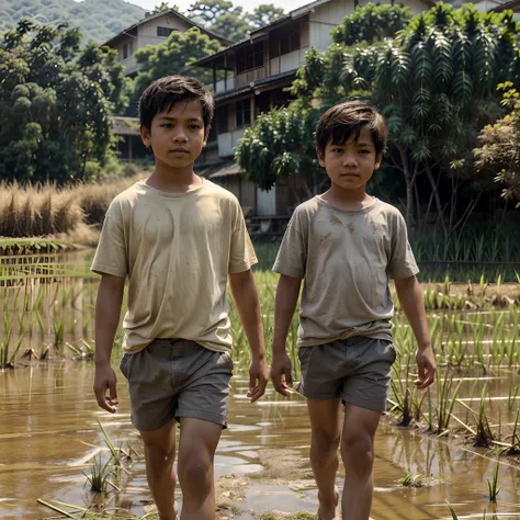 Create a photorealistic, 8K, high-definition, render of a Filipino boy, dressed as dirty shirts and shorts, shirt, shorts, walking through a sunlit rice field. The scene should be filled with a warm, golden tone, capturing the dusty, grayish atmosphere as ...