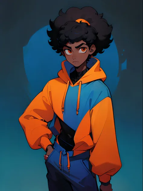 ((masterpiece, best quality)), (1boy), (solo), (male focus), (black male), (black skin), black afro hair, tall, standing, orange hoodie, blue background,