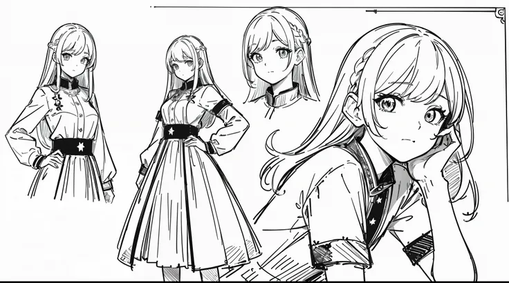 ((masterpiece)),(((best quality))),((((sketch)))),((monochrome)),(character design sheet), same character, front, side, back), illustration, 1 girl, hair color, bangs, hairstyle fax, eyes, environment change scene, Hairstyle Fax, Pose Zitai, Female, Shirt ...