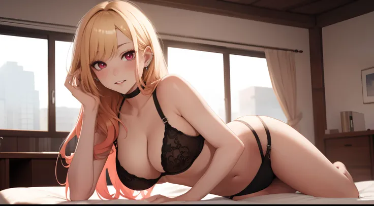 masutepiece, 1womanl, (((Solo))), of the highest quality, Hi-Res, 4K, cleavage, ((Sheer underwear)), medium breasts, Red Eyes, a blond ,  Full body,  earrings