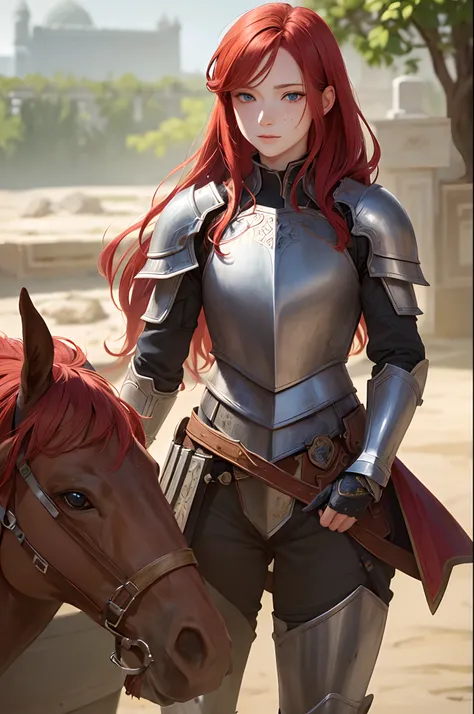 masterpiece, (realistic), highres, highly detailed, intricate, beautiful woman, red hair, blue eyes, freckles, detailed face, knight, armor