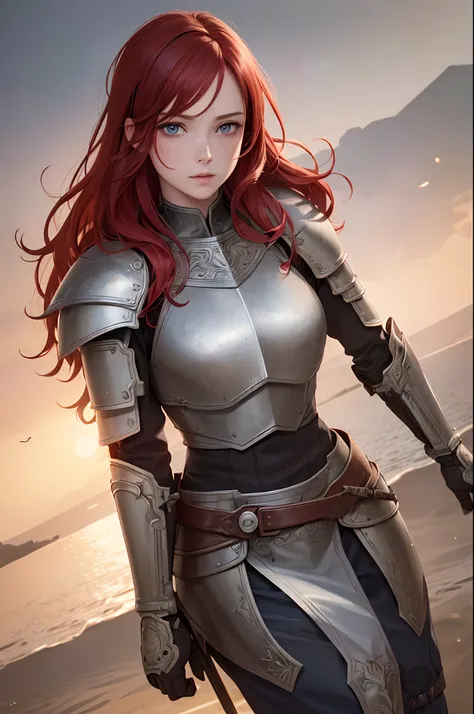 masterpiece, (realistic), highres, highly detailed, intricate, beautiful woman, red hair, blue eyes, freckles, detailed face, knight, armor