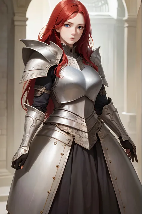 masterpiece, (realistic), highres, highly detailed, intricate, beautiful woman, red hair, blue eyes, freckles, detailed face, knight, armor