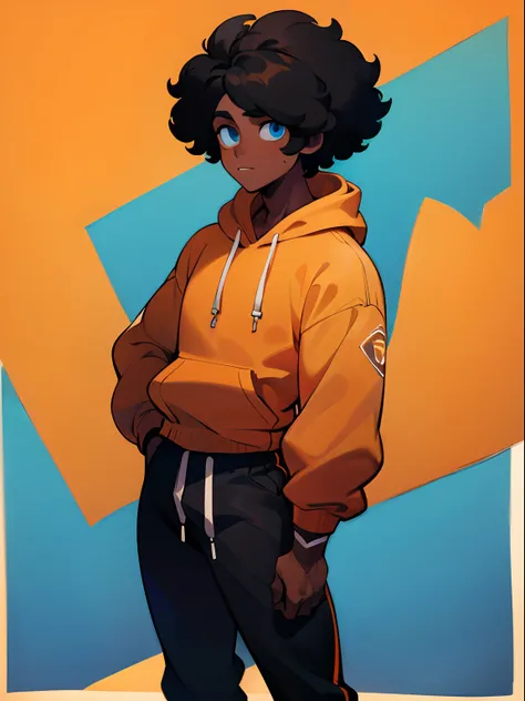 ((masterpiece, best quality)), (1boy), (solo), (male focus), (black male), ((black skin)), black afro hair, tall, standing, orange hoodie, blue eyes, strong body, blue background,