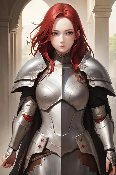 masterpiece, (realistic), highres, highly detailed, intricate, beautiful woman, red hair, blue eyes, freckles, detailed face, knight, armor