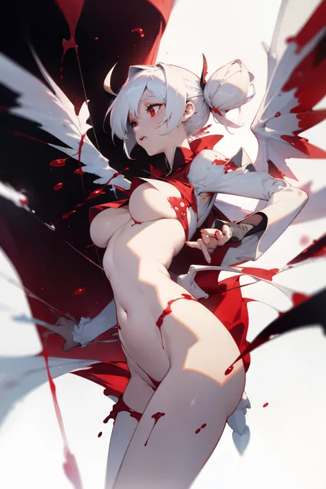 White color hair，succubi，have demon wings，There are wounds on the body，The wound bleeds，Bigboobs，Blood droplets splattered，Cross red silk threads