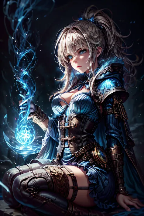 fantasy art, steampunk art, RPG art, photograph, RAW, , Best Detailed, picture of a woman wizard, manipulating magical blue fire, extremely beautiful woman (best Detailed, Masterpiece, Hyperrealistic: 1.5) blond hair, rich hair, wavy hair, dynamic eyes col...