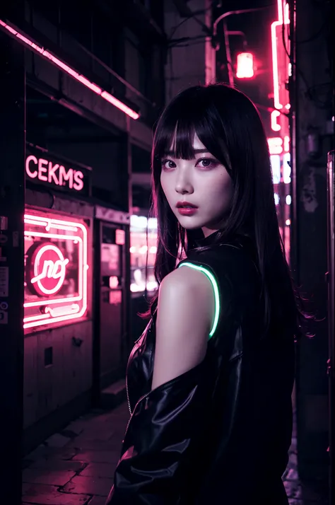 Neon Noir Beautiful Female Semi Robot,Looking at Viewer, . Cyberpunk, Dark, Back alley, neon signs, High contrast, low illuminance, Vibrant, Highly detailed, Iridescent hair color, Luminous Eyes