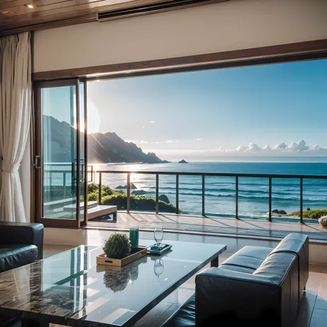 High quality high contrast waterfall sea view，Through the windows of the design resort rooms，See the stunning view of the cliffs。Minimalist design combined with whimsy，Presents the perfect sea-view holiday scenery。