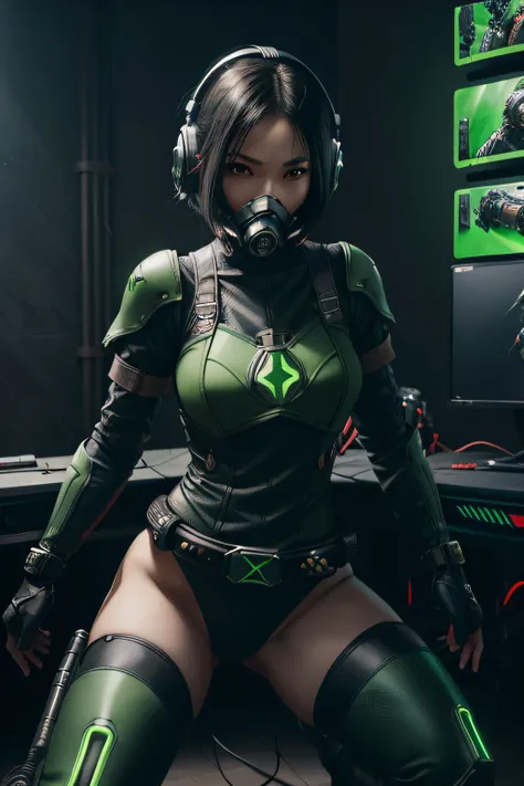 beautiful japanese young woman, extreme detailed, bodysuit, gloves, belt, thigh boots, (valorantViper:1.2), bodysuit, gloves, belt, thigh boots, respirator, looking at viewer, face, portrait, close-up, green, slender, (combat ready stance), (tactical outfi...