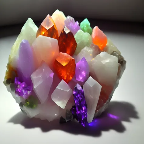 one single white, green, purple, and orange colored jagged crystal