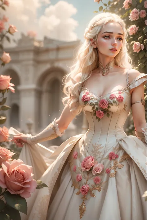 realistic, a portrait, a fantastic work of art, the action of which takes place in the summer in the rose garden and should consist of many shades of delicate, warm light colors.  Create a proud Daenerys Targaryen dressed in a stunning French silk ball gow...