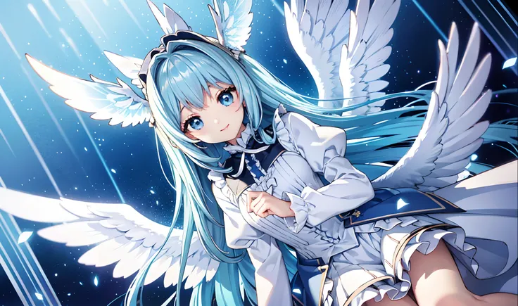 Big big wings of angels shining in seven colors、Kawaii Girl、adorable smiling、Light blue long hair、Twin-tailed、Colorful angel costume in Lolita style with lots of frills、((top-quality))、((​masterpiece))、(ighly detailed、highestdetailed、Official art、Beautiful...