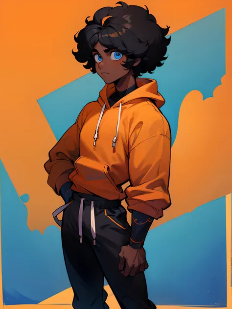 ((masterpiece, best quality)), (1boy), (solo), (male focus), (black male), ((black skin)), black afro hair, tall, standing, orange hoodie, blue eyes, strong body, blue background,